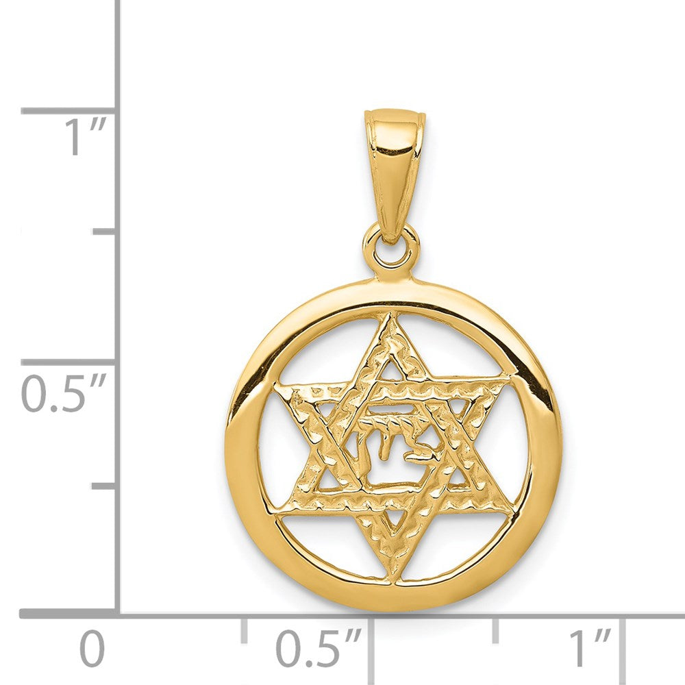 14K Jewish Chai In Star Of David Pendant