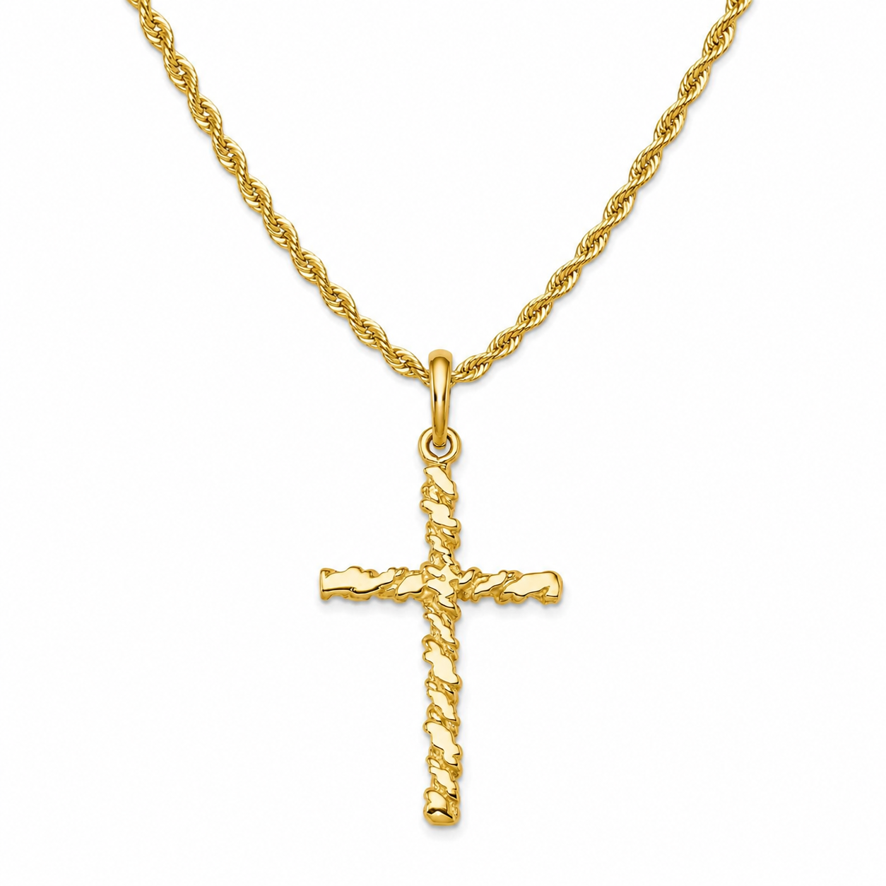 10K Solid Yellow Gold 2.0MM Rope Chain And Cross Nugget Charm