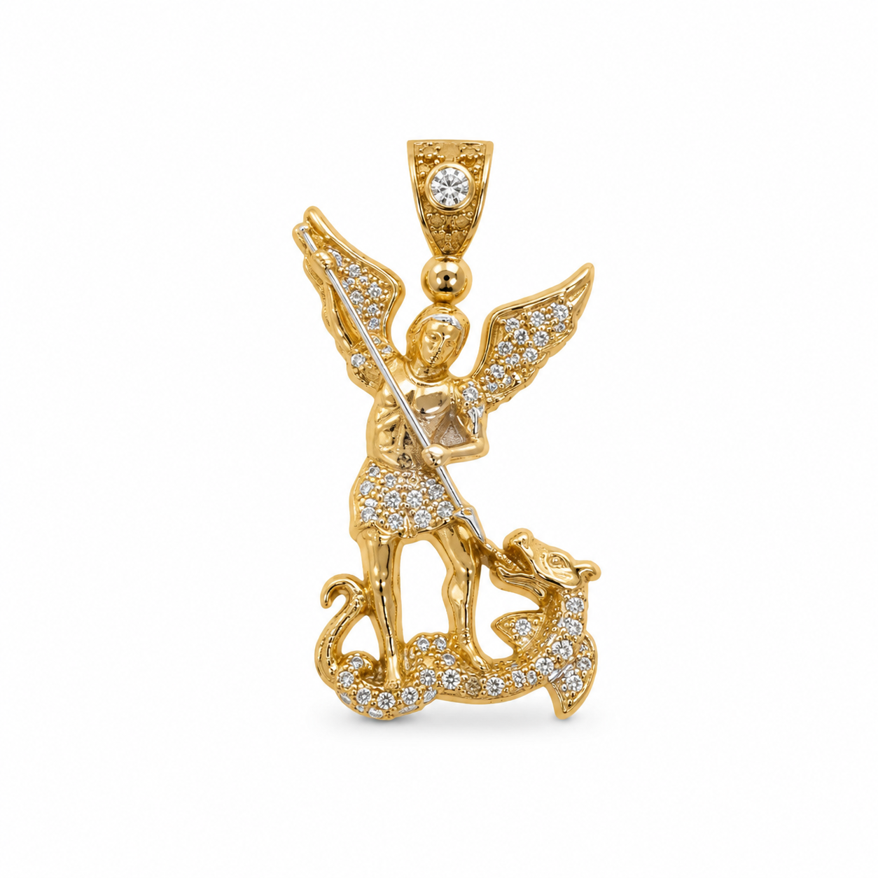 10K Two-Tone Gold Angel Fighting Dragon CZ Pendant [A5B1]
