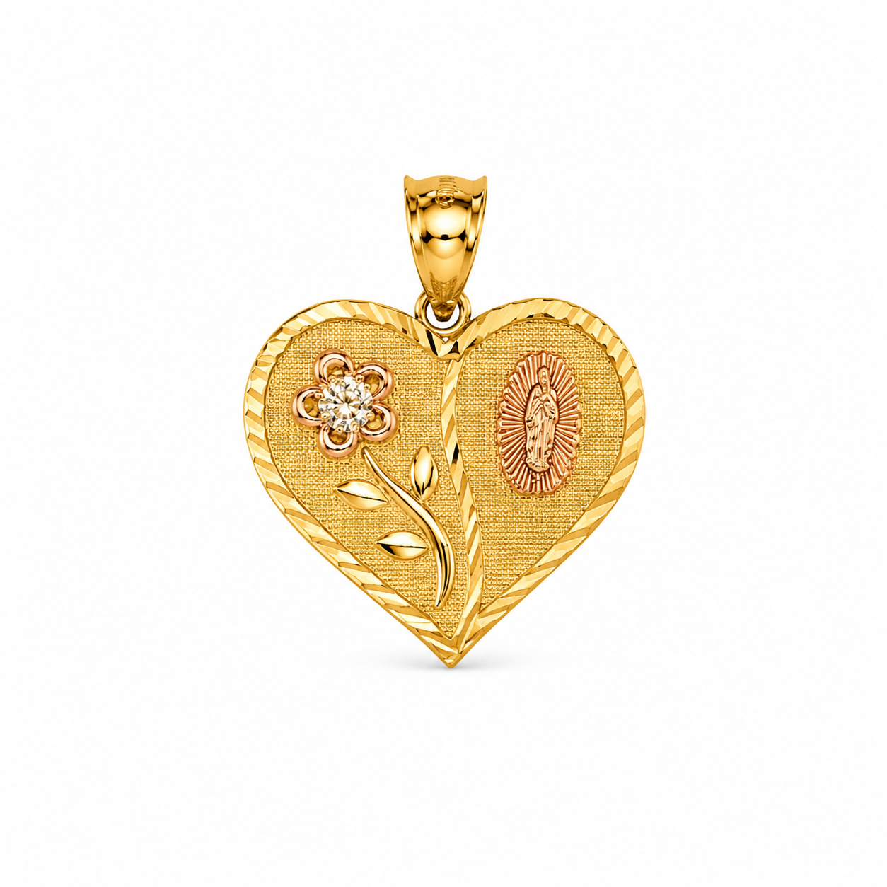 10KT Heart Flower Virgin Mary Cubic Zirconium Yellow Gold Pendant [A3B7]