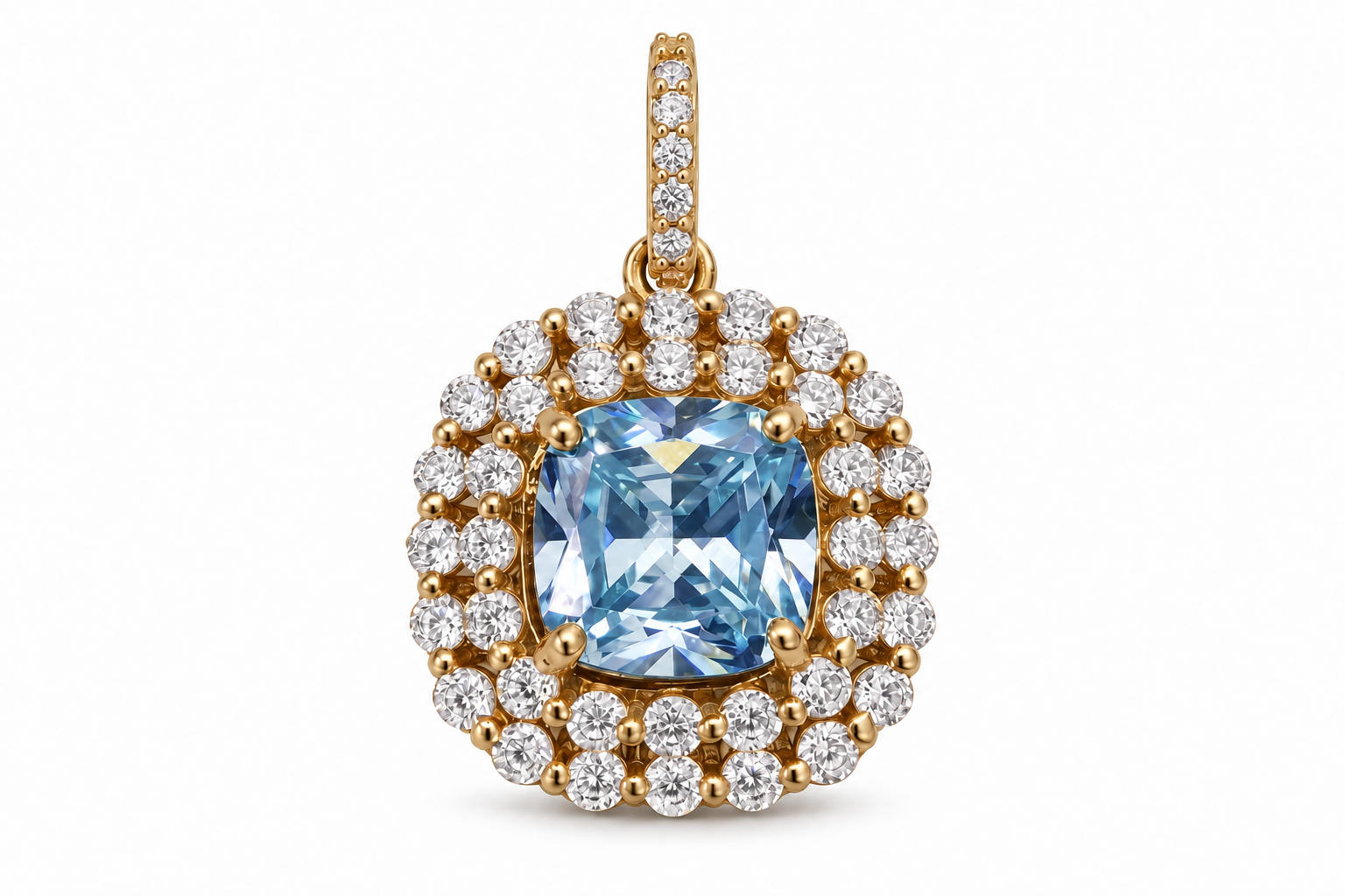 14KT Yellow Gold CZ Double Halo Blue Square Pendant [A4B3]