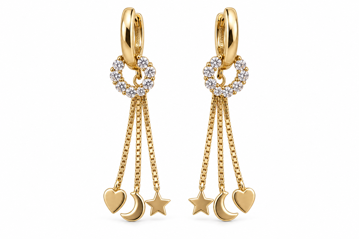 14KT Yellow Gold Cubic Zirconium Heart Moon Star Dangle Earrings [A2B2]