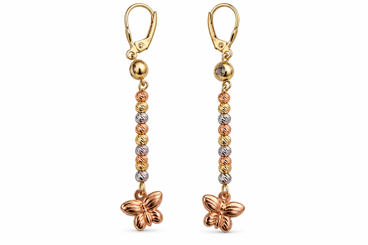 14KT Tri-Tone Gold Cubic Zirconium Beads And Butterfly Dangle Earrings [A4B1]