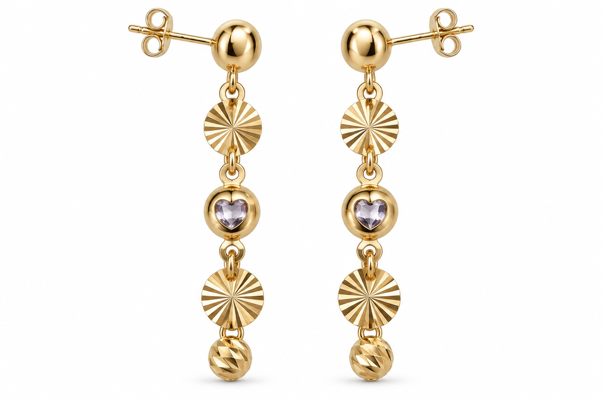 14KT Yellow Gold Cubic Zirconium Diamond Cut Circle And Beads Dangle Earrings [A3B0]