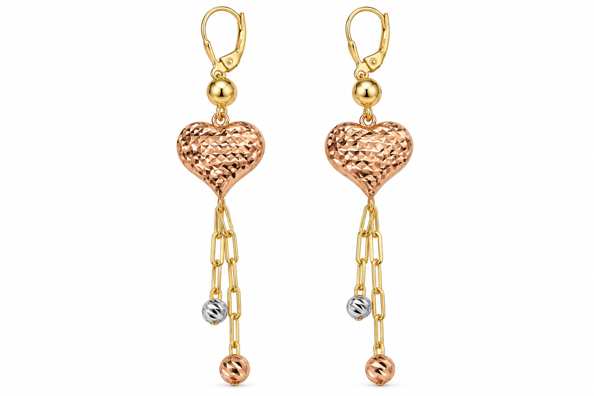 14KT Tri-Tone Gold Diamond Cut Heart Dangle Earrings [A4B8]