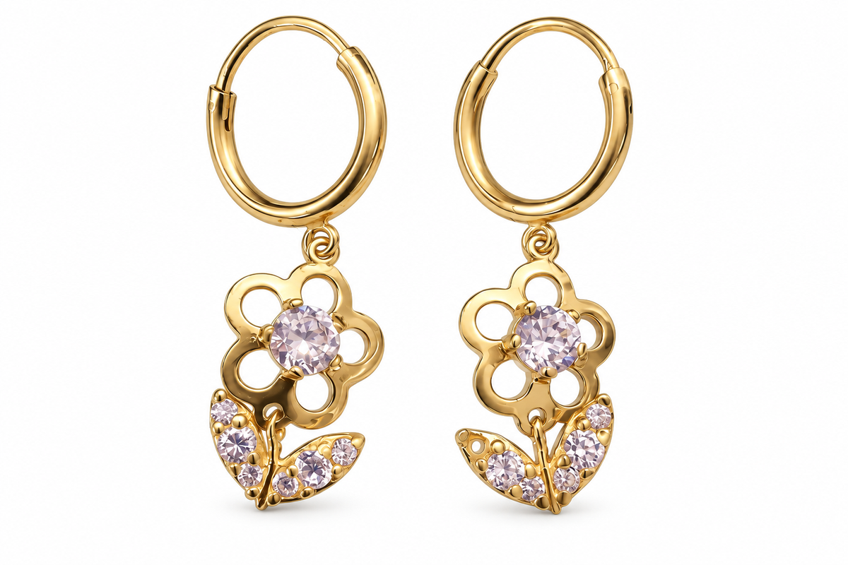 14KT Yellow Gold Cubic Zirconium Flower Dangle Earrings [A2B4]
