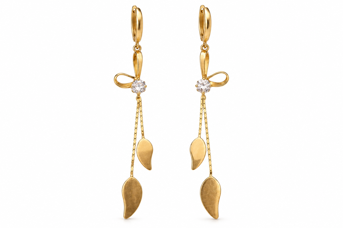 14KT Yellow Gold Cubic Zirconium Bow Dangle Earrings [A2B7]