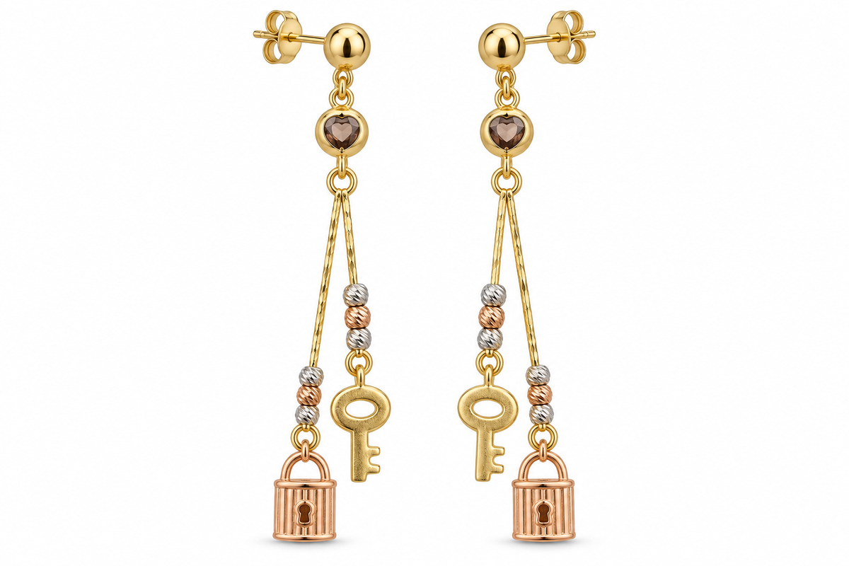 14KT Tri-Tone Gold Cubic Zirconium Lock And Key Dangle Earrings [A5B8]