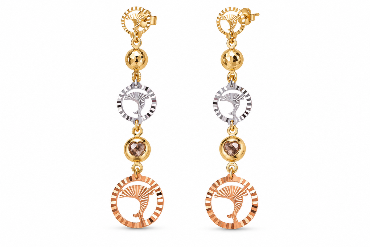 14KT Tri-Tone Gold Cubic Zirconium Diamond Cut Dolphin Earrings [A3B3]