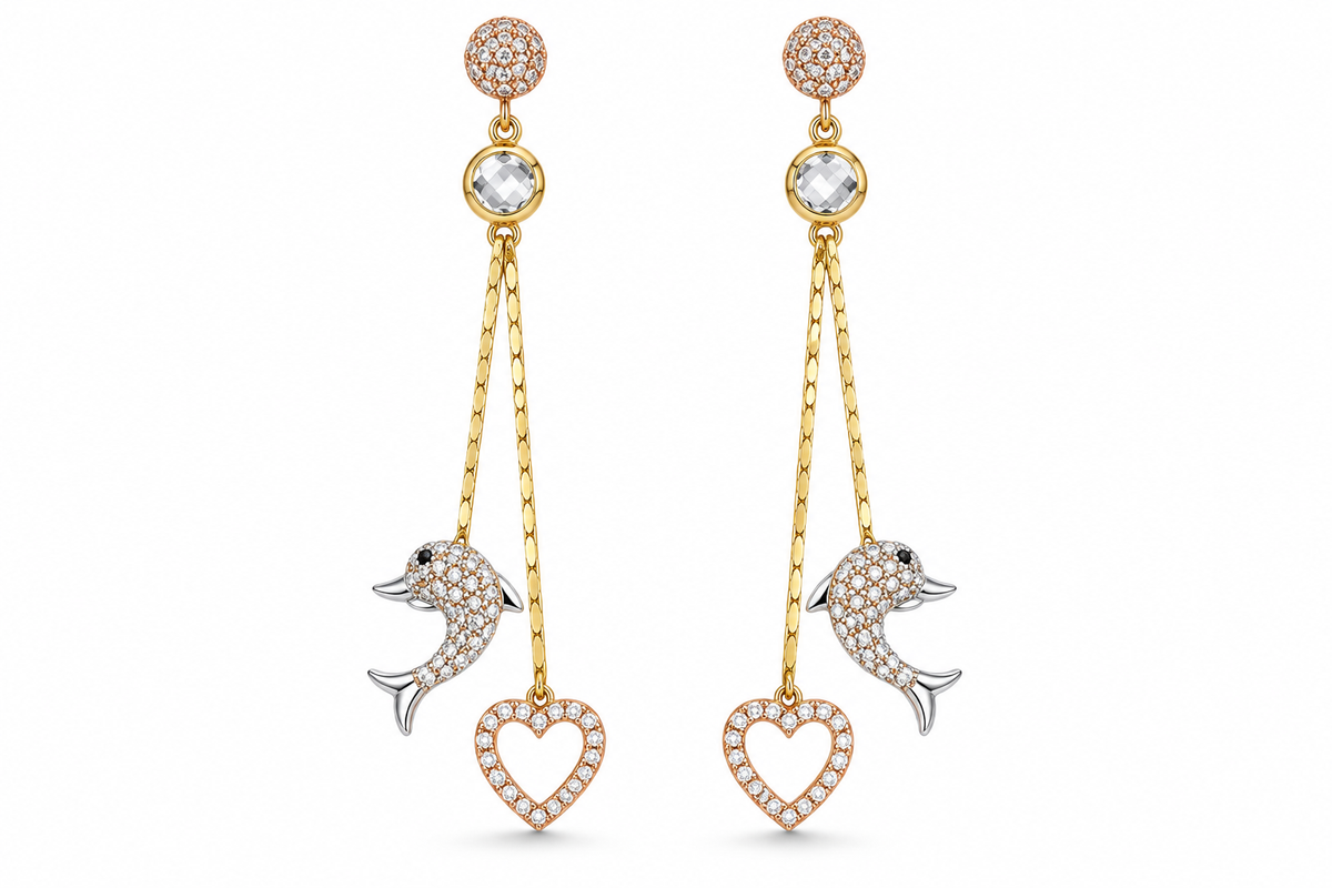 14KT Tri-Tone Gold Cubic Zirconium Heart Dolphin Dangle Earrings [A4B1]