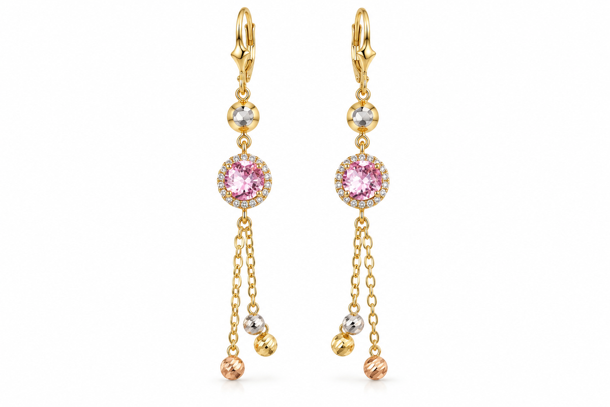 14KT Two-Tone Gold Cubic Zirconium Pink Circle Dangle Earrings [A3B8]