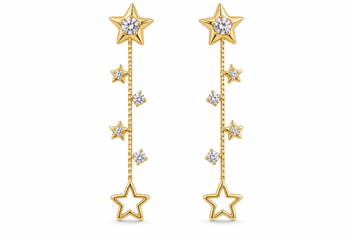 14KT Yellow Gold Cubic Zirconium Star Dangle Earrings [A2B7]