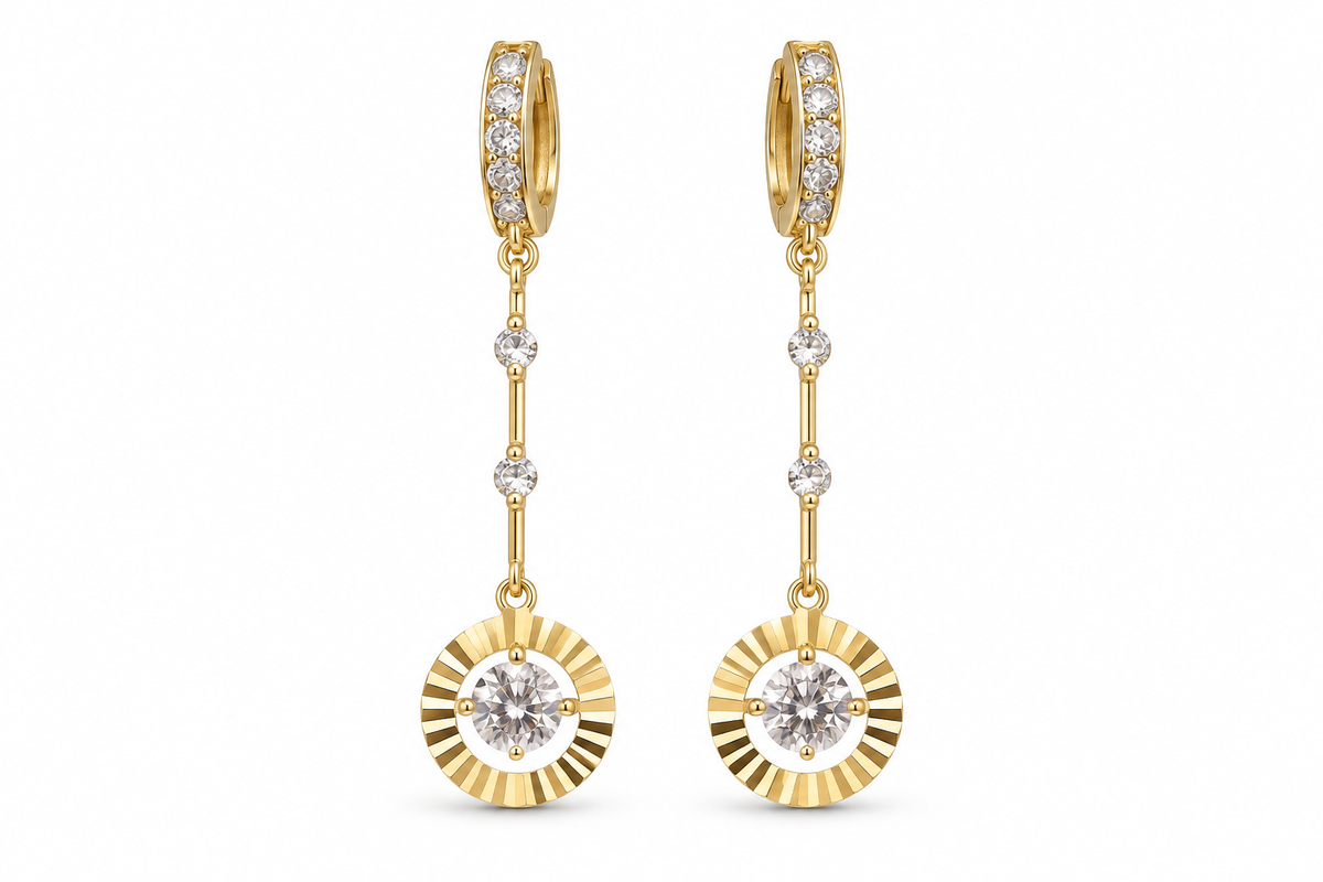14KT Yellow Gold Cubic Zirconium Diamond Cut Circle Dangle Earrings [A2B5]
