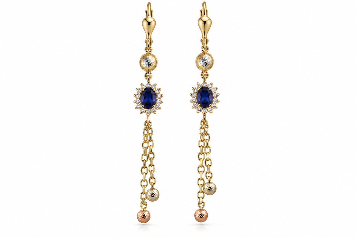 14KT Two-Tone Gold Cubic Zirconium Blue Dangle Earrings [A3B5]