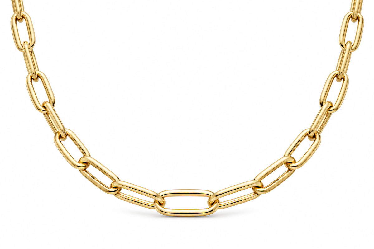 14KT Hollow Yellow Gold 7 MM Designer Paper Clip Necklace