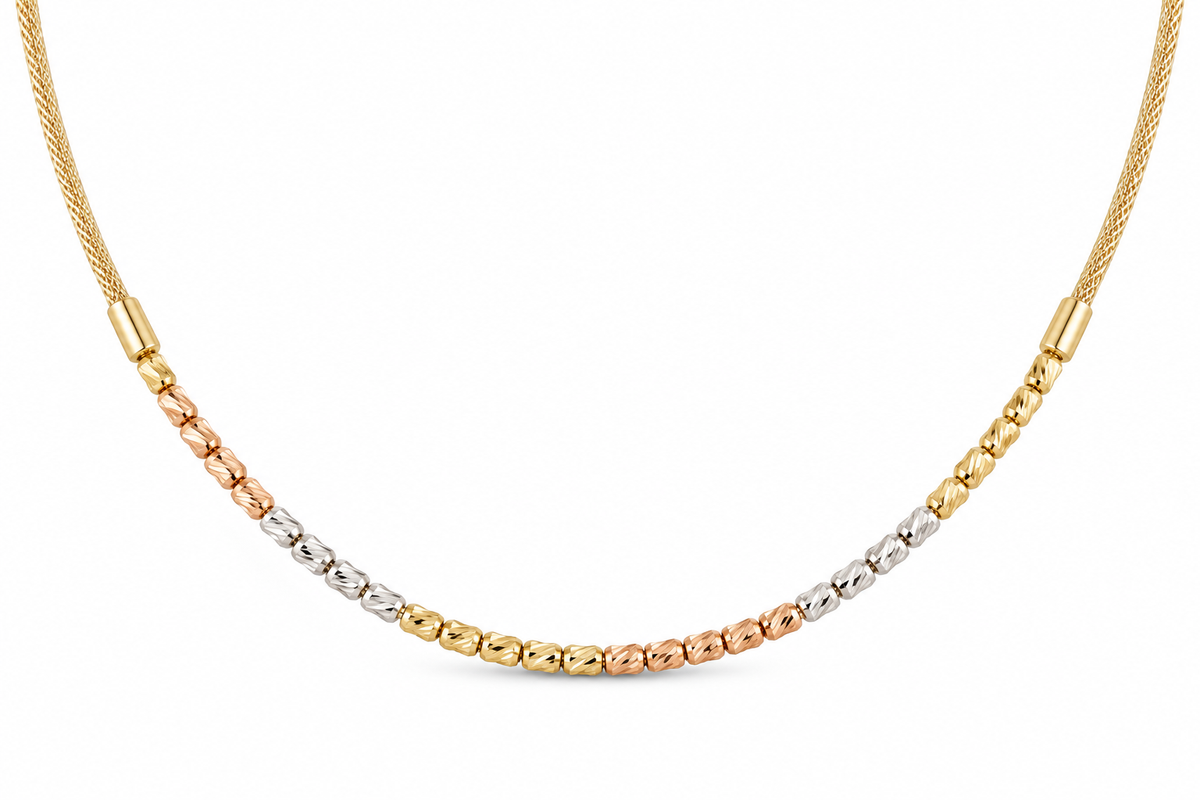 14KT Hollow Tri-Tone Gold 2 MM Diamond Cut Barrel And Beads Necklace