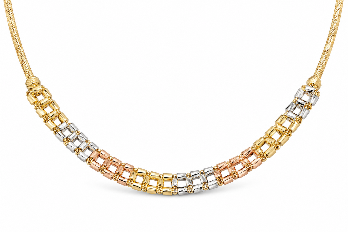 14KT Hollow Tri-Tone Gold 6 MM Designer Triangle Prism Necklace