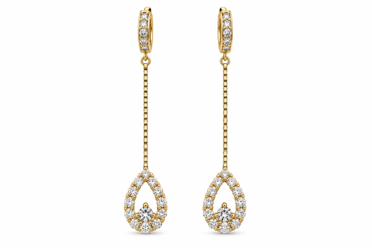 14KT Yellow Gold Cubic Zirconium Box Pear Shape Dangle Earrings [A3B0]