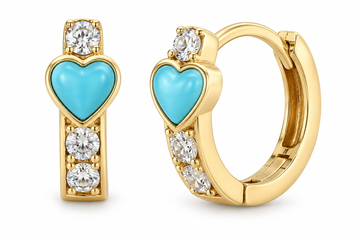 14KT Yellow Gold Cubic Zirconium Blue Heart Hoop Earrings [A1B4]