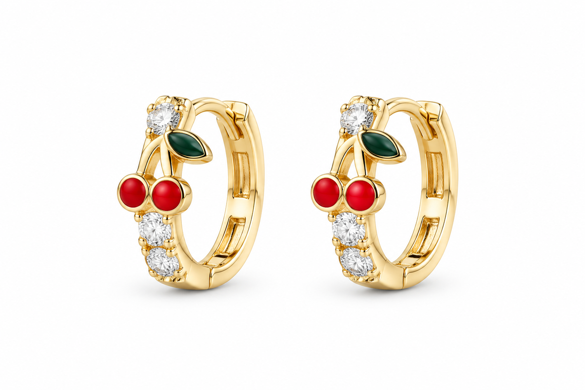 14KT Yellow Gold Cubic Zirconium Cherries Hoop Earrings [A1B4]