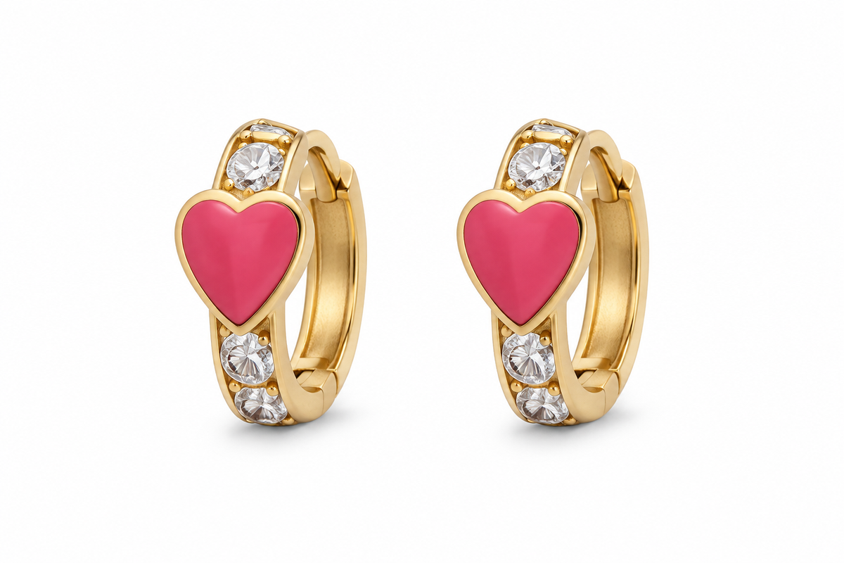14KT Yellow Gold Cubic Zirconium Pink Heart Hoop Earrings [A1B5]