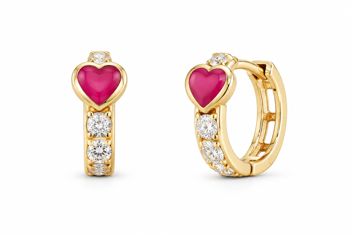 14KT Yellow Gold Cubic Zirconium Magenta Heart Hoop Earrings [A1B5]