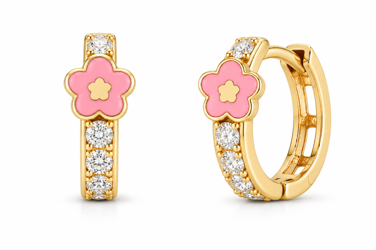 14KT Yellow Gold Cubic Zirconium Pink Flower Hoop Earrings [A1B5]