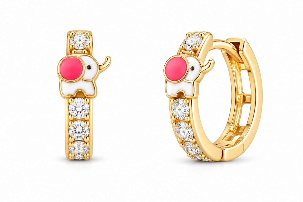 14KT Yellow Gold Cubic Zirconium Elephant Hoop Earrings [A1B5]