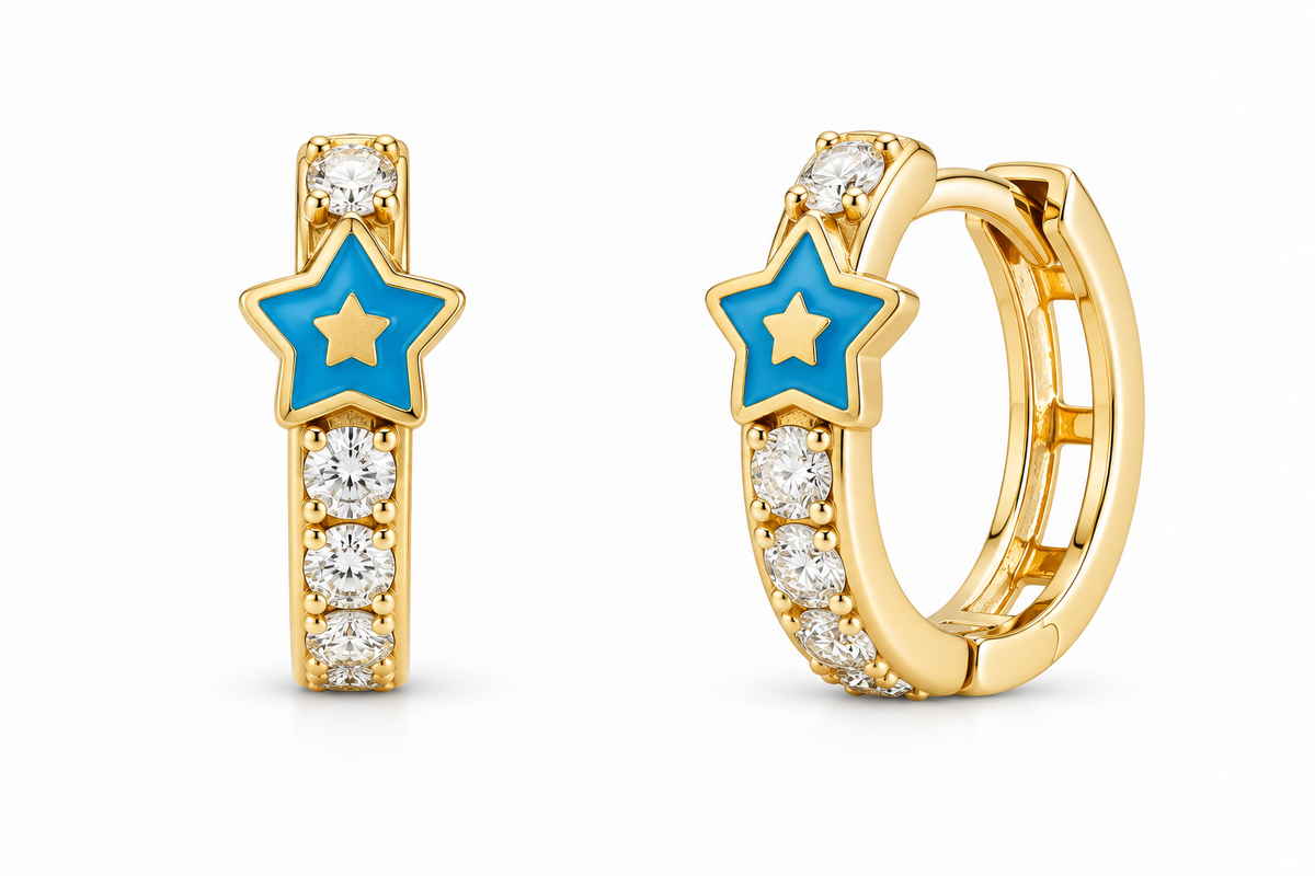 14KT Yellow Gold Cubic Zirconium Blue Star Hoop Earrings [A1B5]