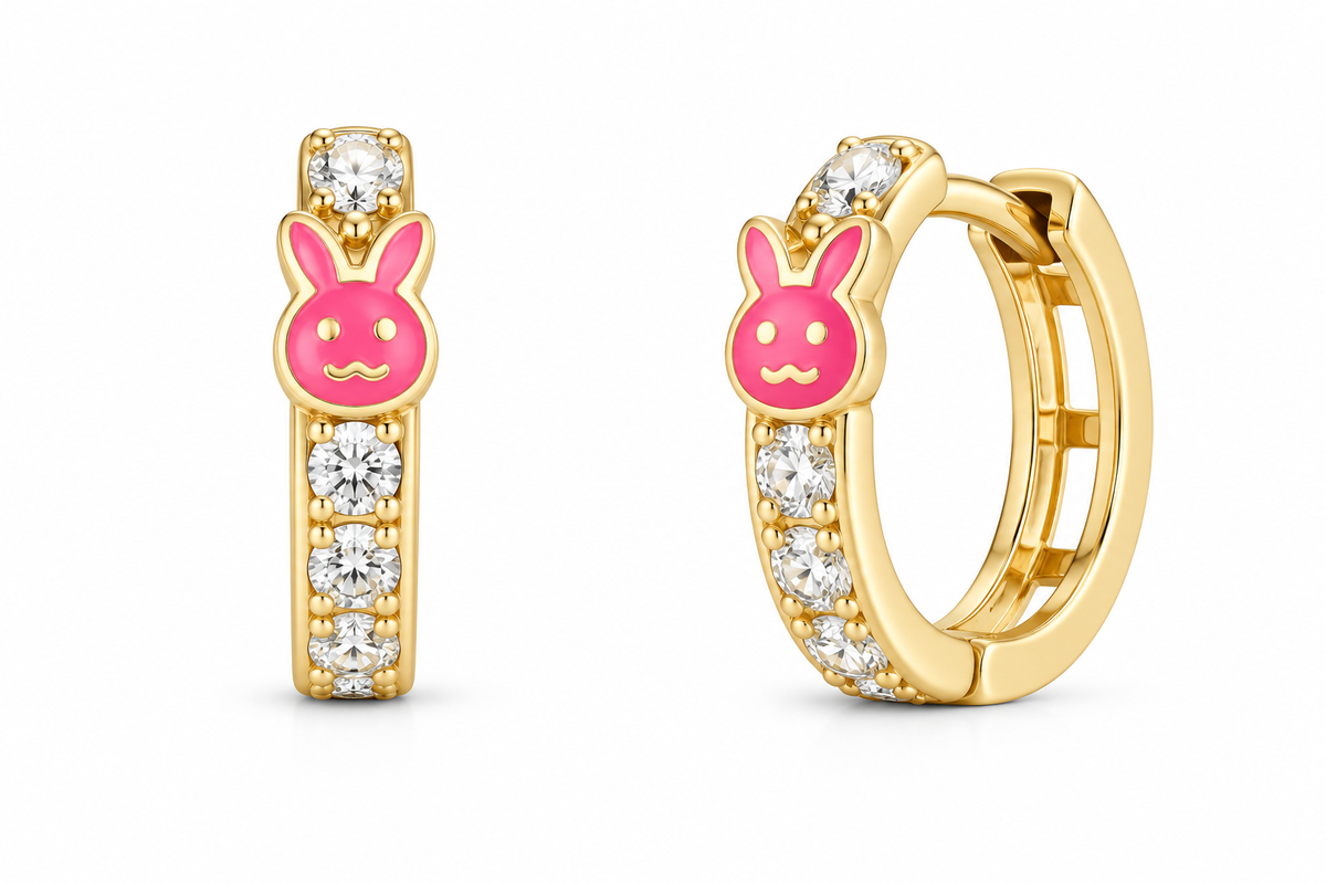 14KT Yellow Gold Cubic Zirconium PinK Bunny Hoop Earrings [A1B6]