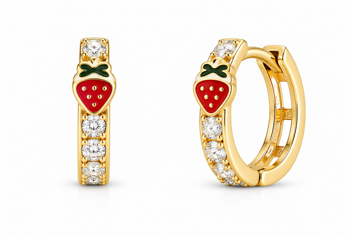 14KT Yellow Gold Cubic Zirconium Strawberry Hoop Earrings [A1B5]