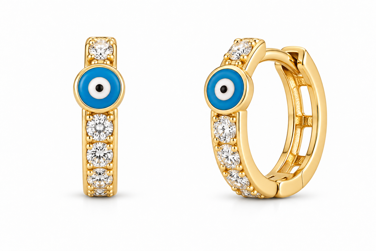 14KT Yellow Gold Cubic Zirconium Blue Evil Eye Hoop Earrings [A1B5]