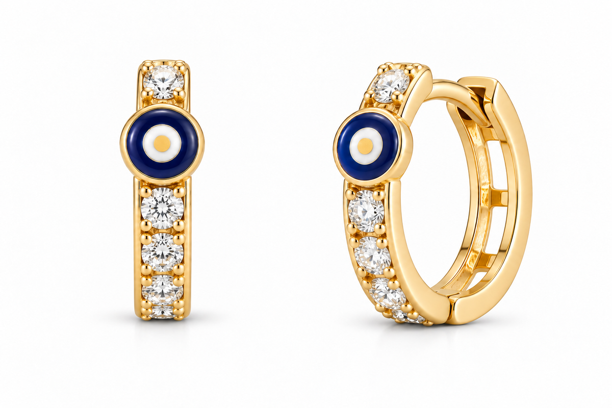 14KT Yellow Gold Cubic Zirconium Bark Blue Evil Eye Hoop Earrings [A1B5]
