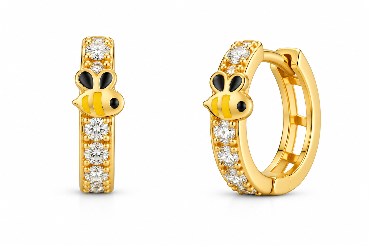 14KT Yellow Gold Cubic Zirconium Bee Hoop Earrings [A1B6]
