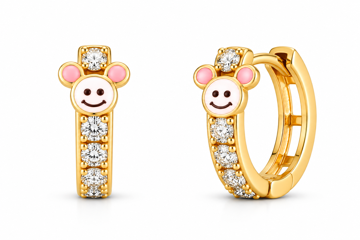 14KT Yellow Gold Cubic Zirconium Mouse Hoop Earrings [A1B6]