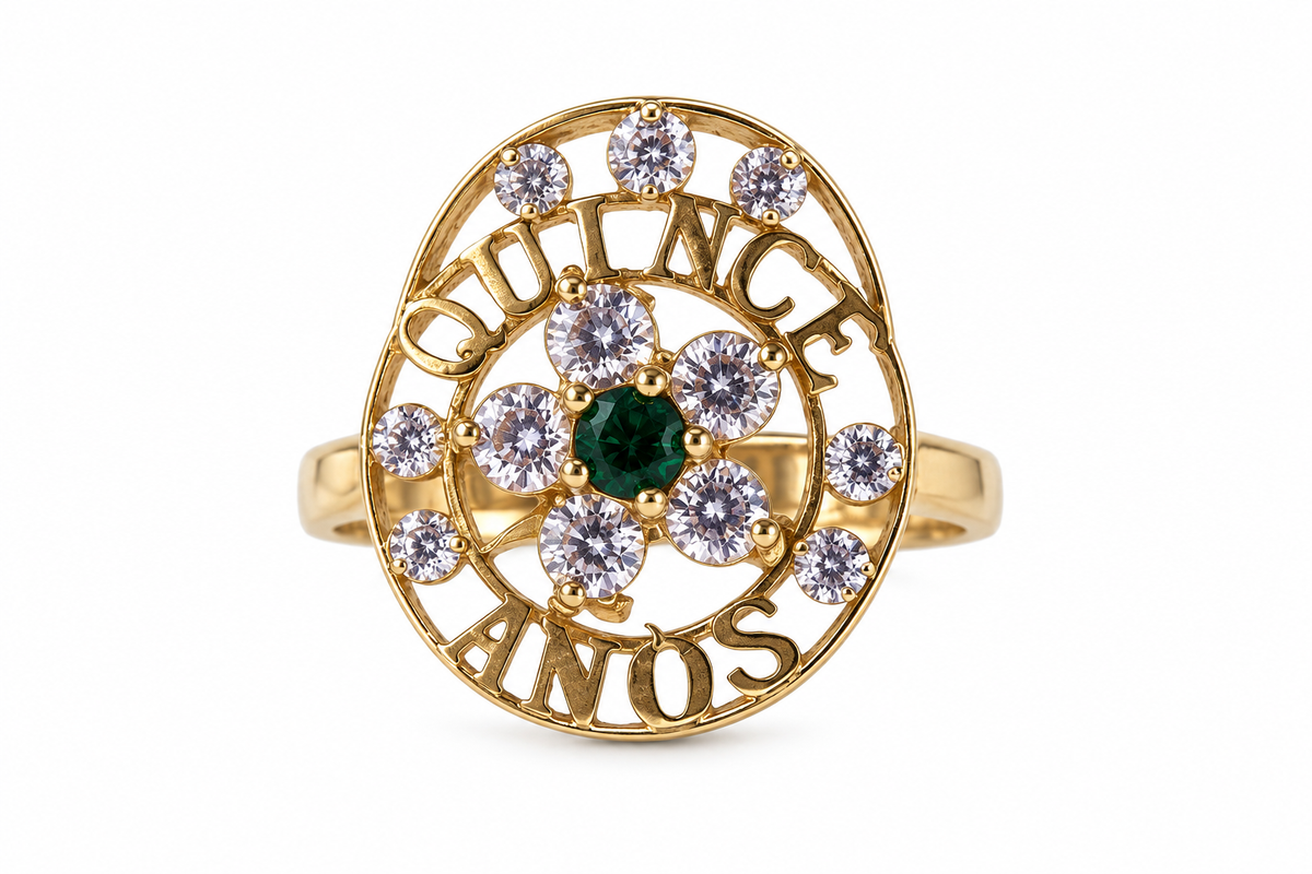10KT Yellow Gold Cubic Zirconium Quince Anos Spinning Ring [A2B5]