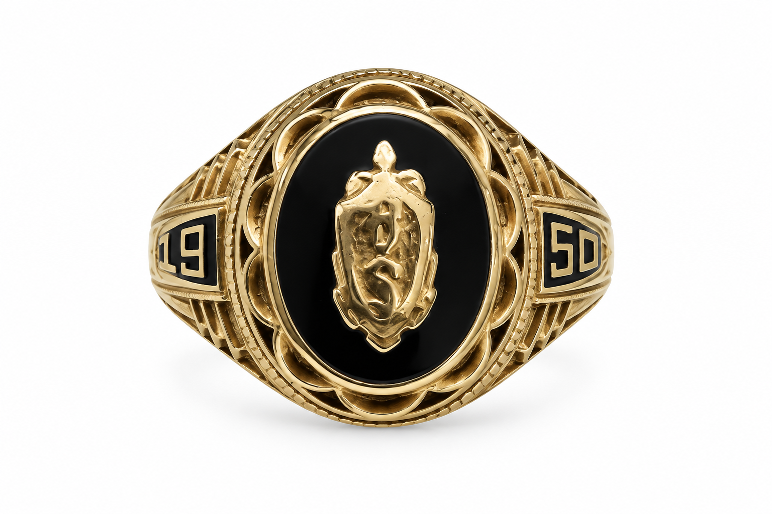 10KT Yellow Gold Black Enamel Fancy Ring [A4B7]