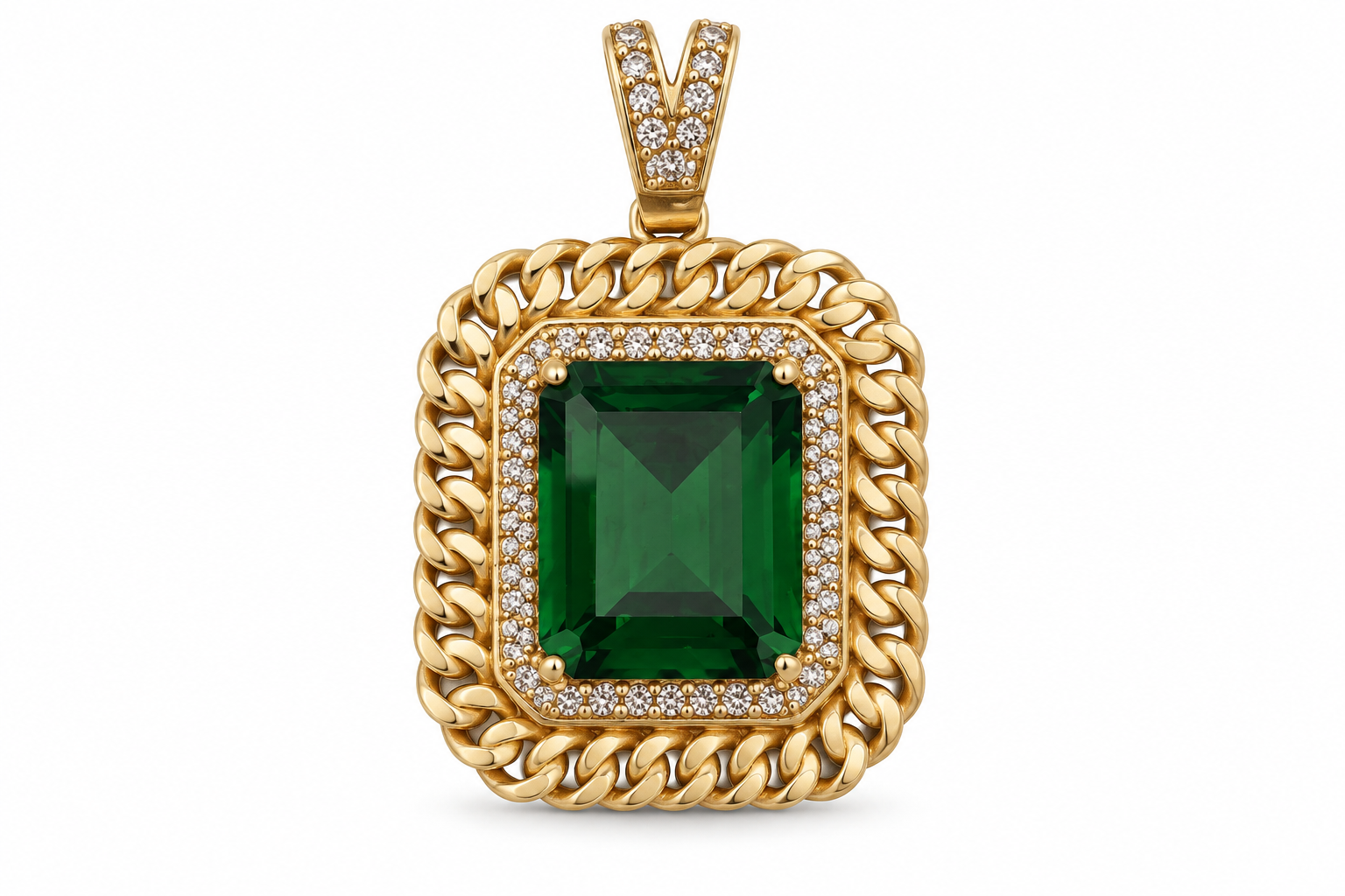 10KT Yellow Gold CZ Green Square With Curb Boarder Pendant [A11B7]