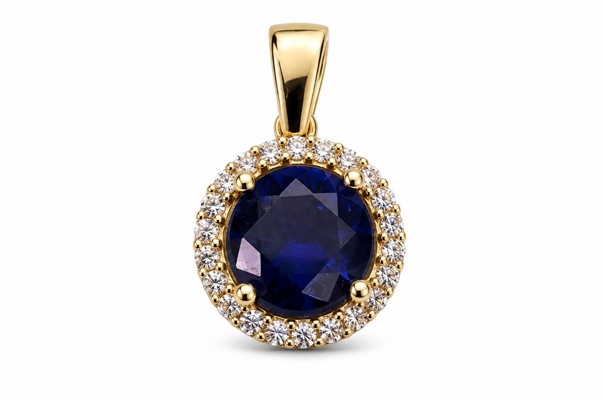 14KT Yellow Gold Rectangle Blue CZ With Halo Pendant [A1B8]
