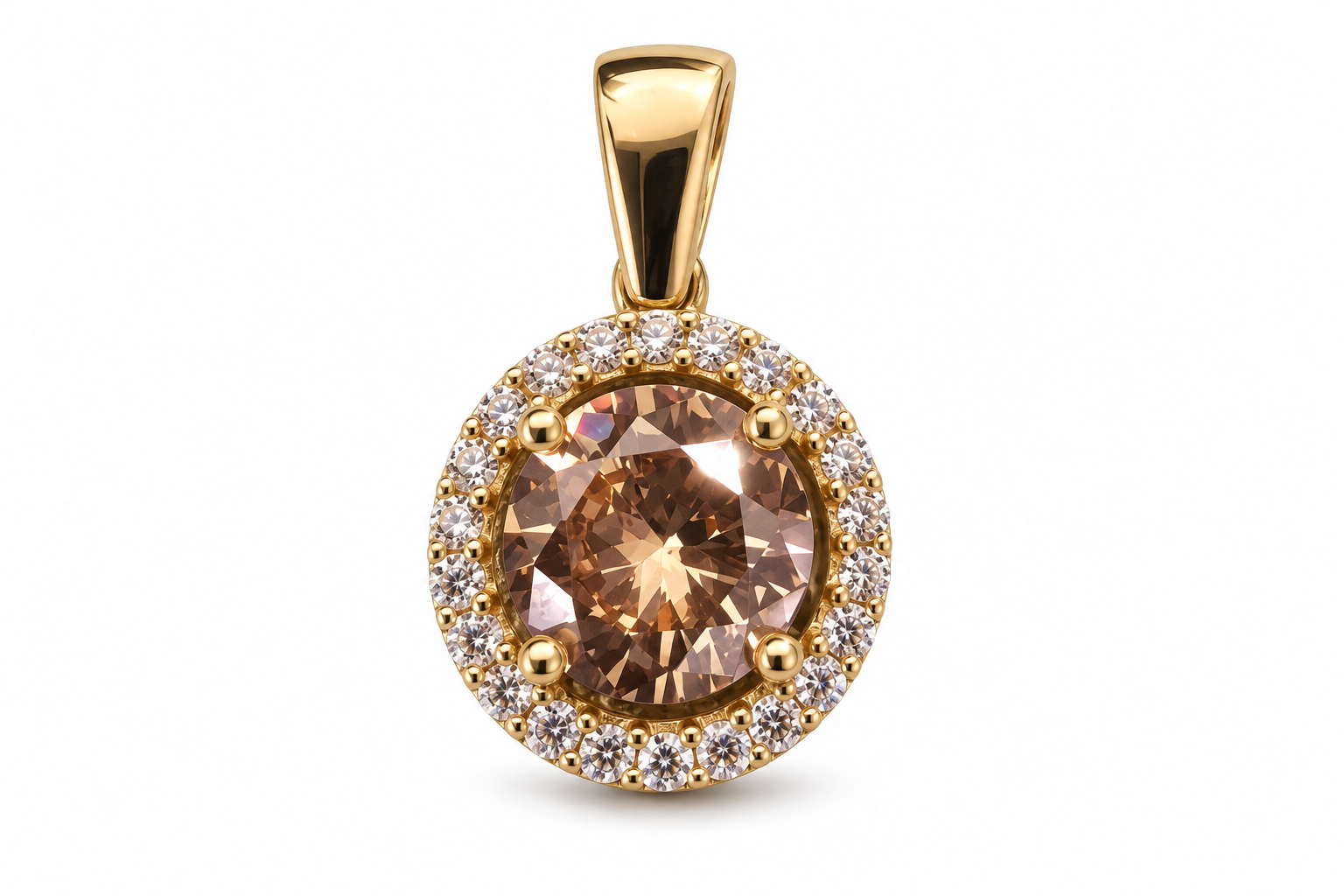 14KT Yellow Gold Round Champagne CZ With Halo Pendant [A1B6]