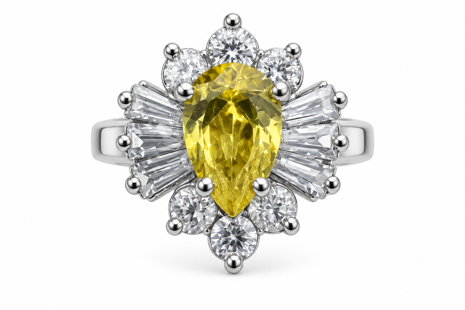 10KT White Gold CZ Ring With Pear Shape Yellow Stone [A3B3]