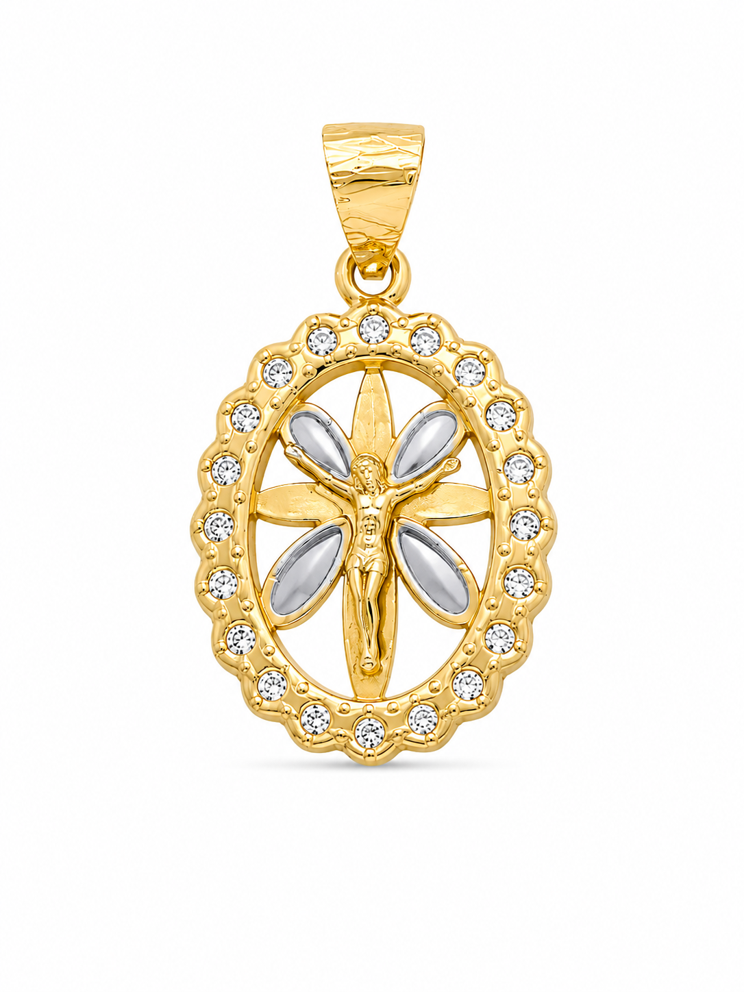 10KT Cubic Zirconium Oval Crucifixion Yellow Gold Pendant [A1B0]
