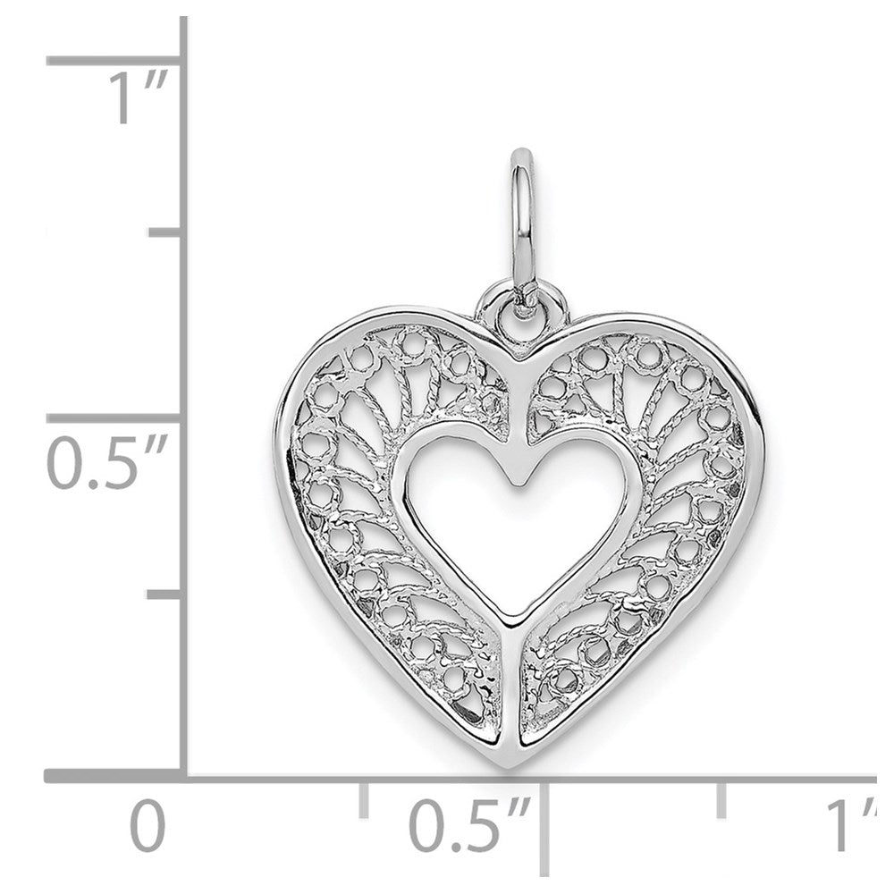 14k White Gold Solid Diamond-cut Fancy Filigree Heart Charm