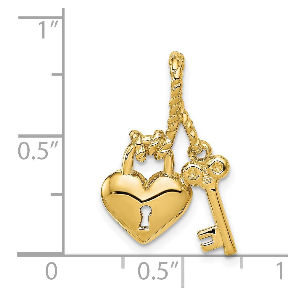 14K Polished Key Tied to Heart Lock Charm