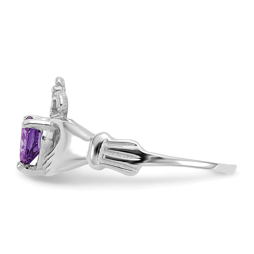 14k White Gold CZ February Birthstone Claddagh Heart Ring