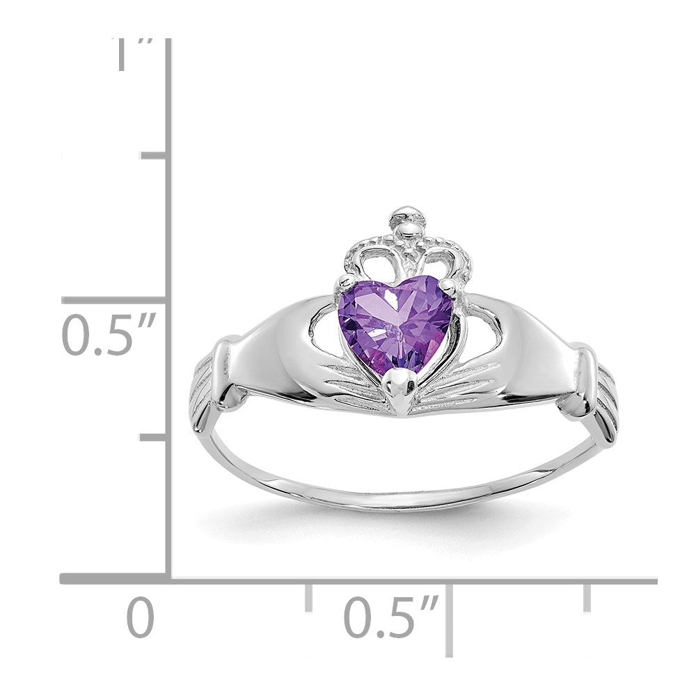 14k White Gold CZ February Birthstone Claddagh Heart Ring