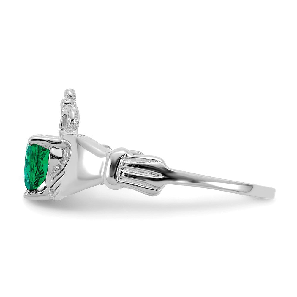 14k White Gold CZ May Birthstone Claddagh Heart Ring