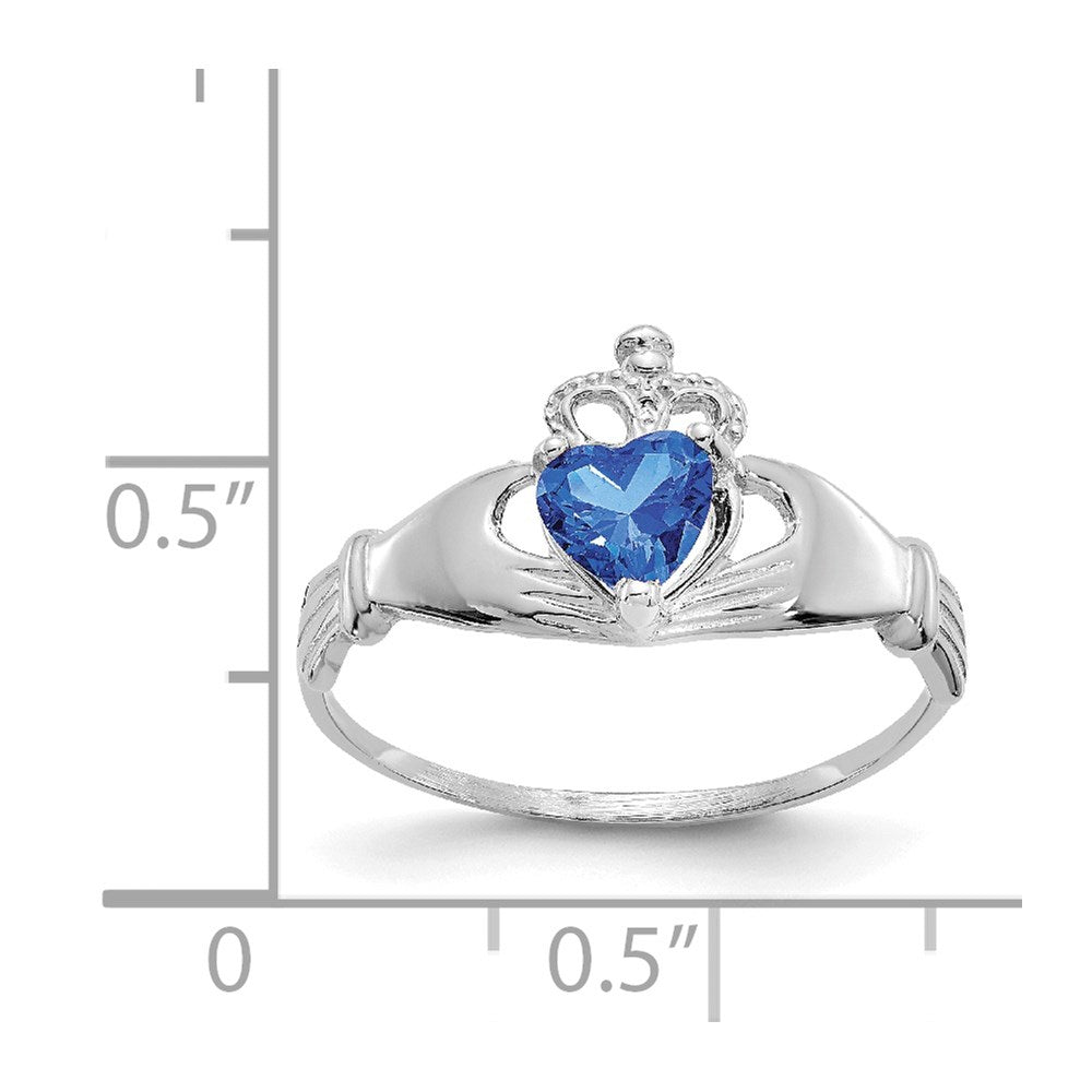 14k White Gold CZ September Birthstone Claddagh Heart Ring