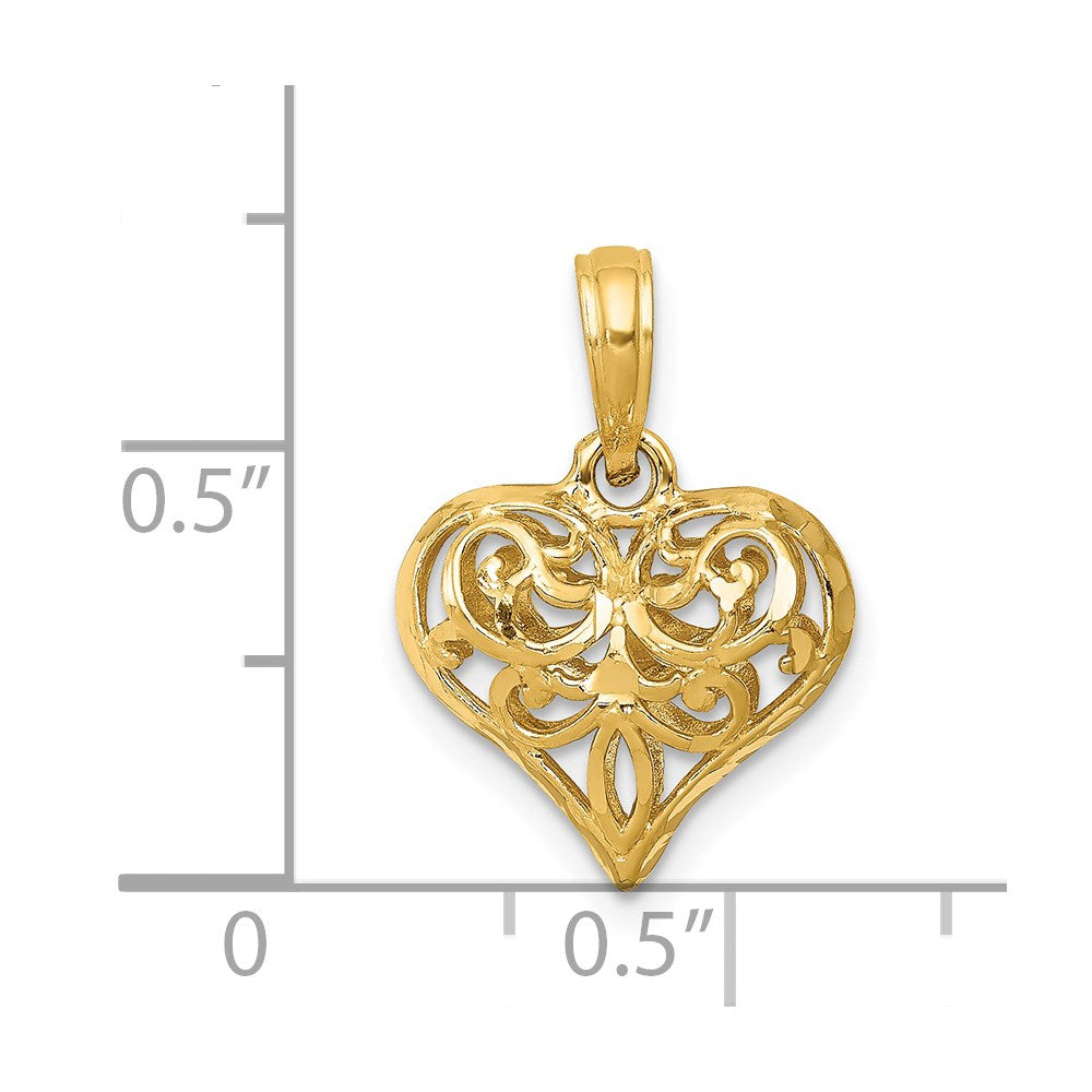 14K Polished 3-D Filigree Puffed Heart Pendant