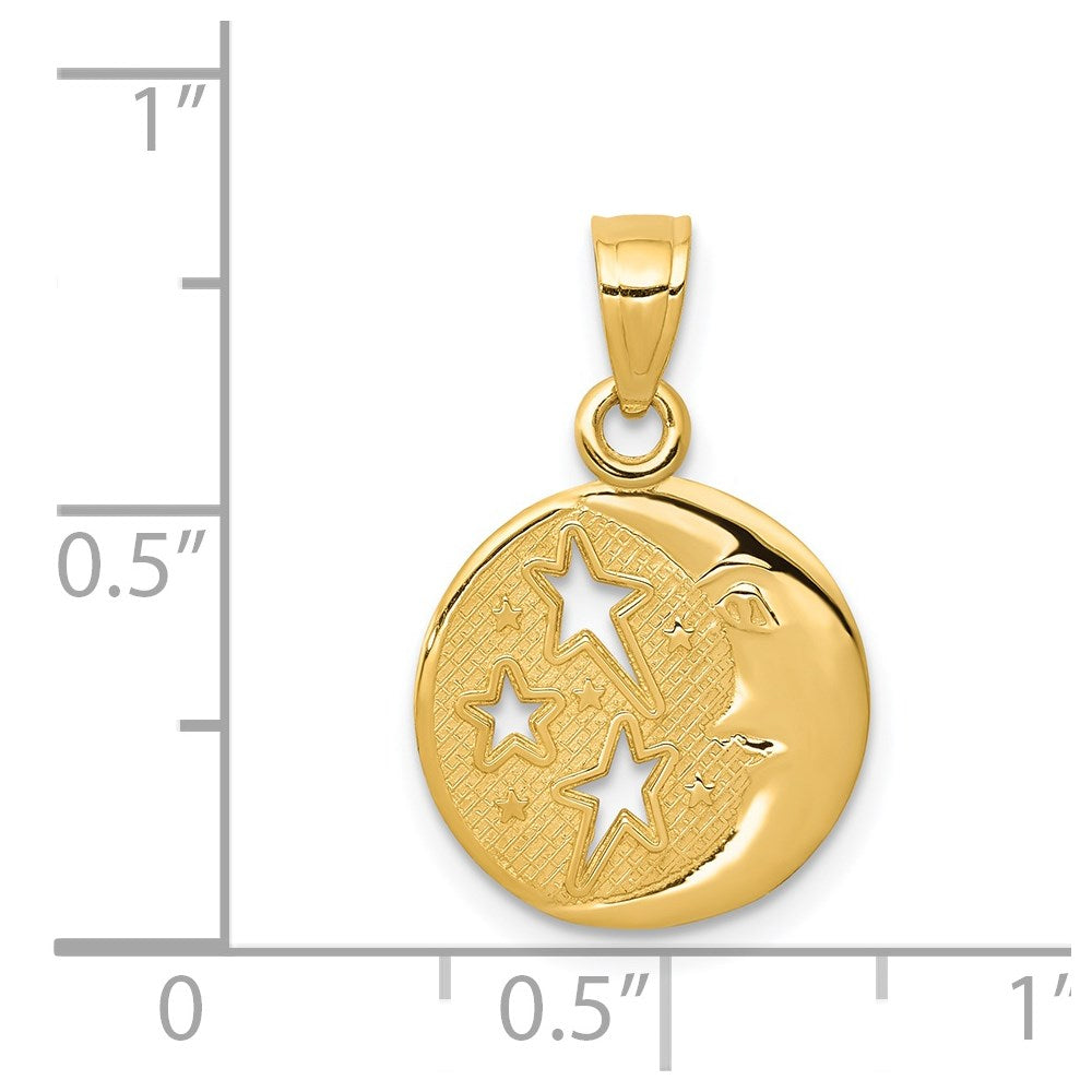 14k Polished Flat-Backed Moon with Three Stars Pendant